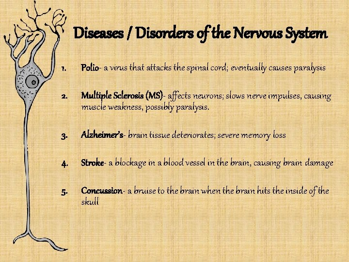 Diseases / Disorders of the Nervous System 1. Polio- a virus that attacks the