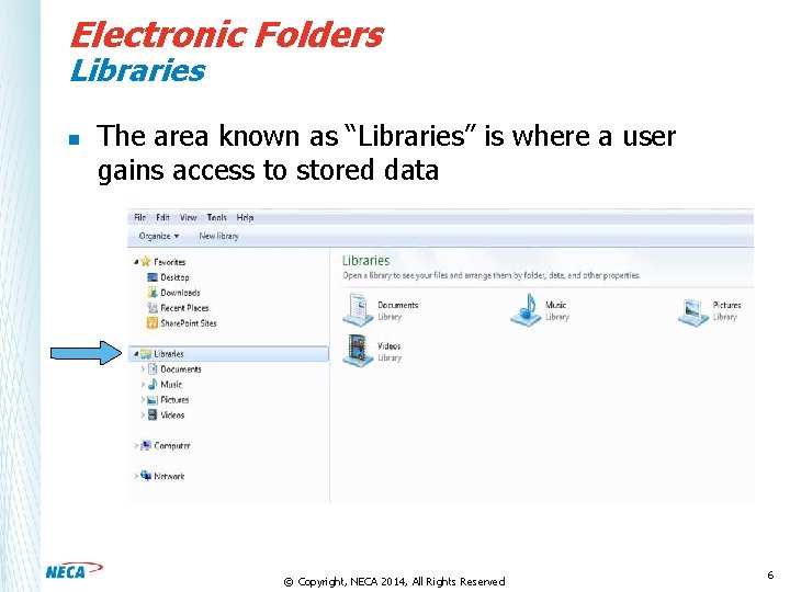 Electronic Folders Libraries n The area known as “Libraries” is where a user gains