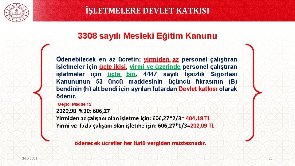 İŞLETMELERE DEVLET KATKISI 3308 sayılı Mesleki Eğitim Kanunu Ödenebilecek en az ücretin; yirmiden az