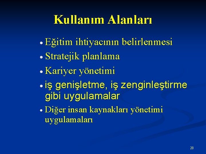 Kullanım Alanları · Eğitim ihtiyacının belirlenmesi · Stratejik planlama · Kariyer yönetimi · iş