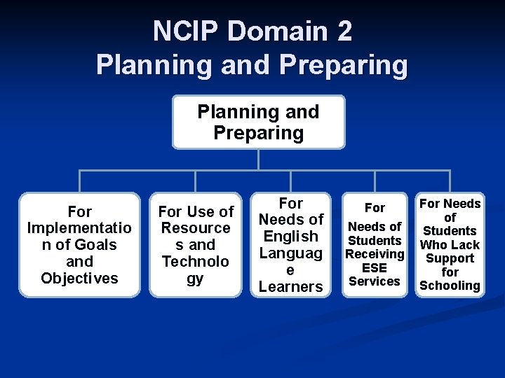 NCIP Domain 2 Planning and Preparing For Implementatio n of Goals and Objectives For