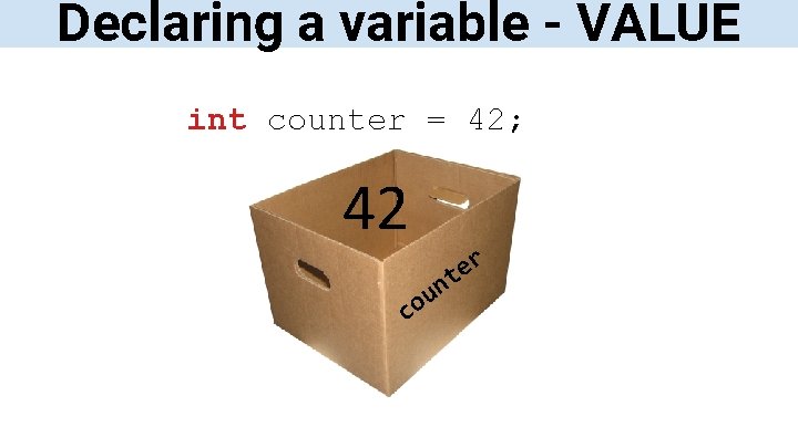 Declaring a variable - VALUE int counter = 42; 42 c n u o