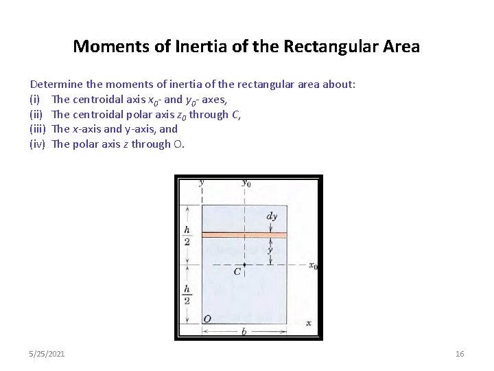 Moments of Inertia of the Rectangular Area Determine the moments of inertia of the