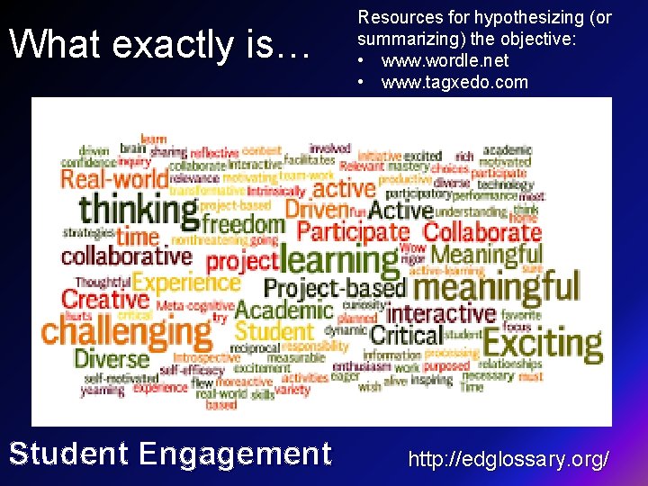 What exactly is… Resources for hypothesizing (or summarizing) the objective: • www. wordle. net