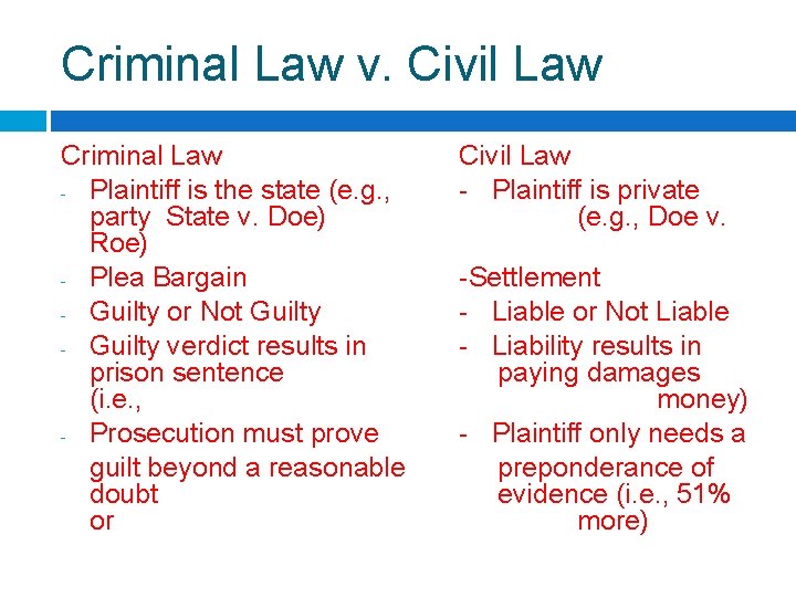 Criminal Law v. Civil Law Criminal Law - Plaintiff is the state (e. g.