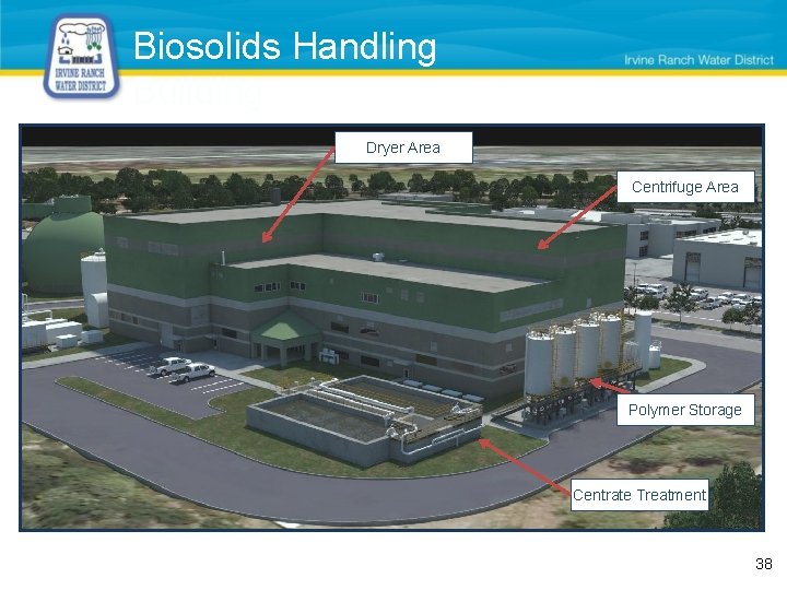 Biosolids Handling Building Dryer Area Centrifuge Area Polymer Storage Centrate Treatment 38 38 