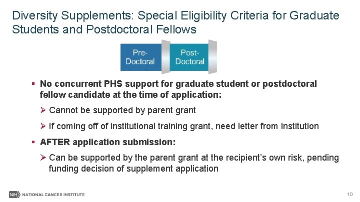 Diversity Supplements: Special Eligibility Criteria for Graduate Students and Postdoctoral Fellows § No concurrent