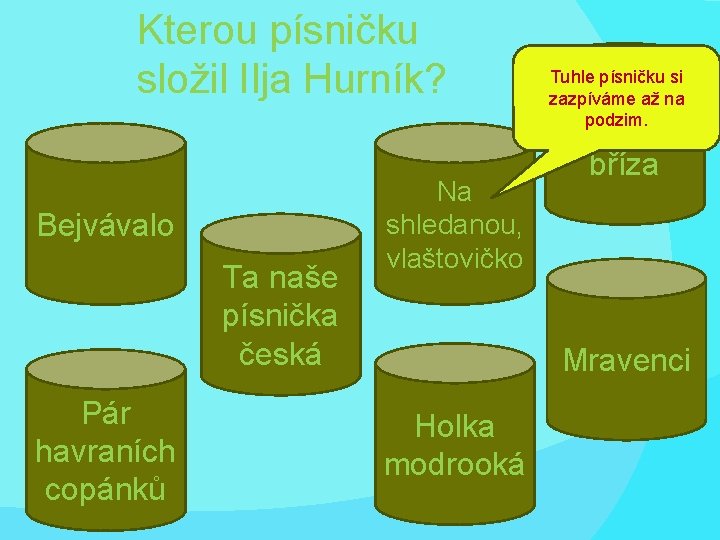 Kterou písničku složil Ilja Hurník? Bejvávalo Ta naše písnička česká Pár havraních copánků Na