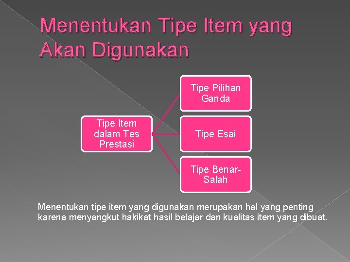 Menentukan Tipe Item yang Akan Digunakan Tipe Pilihan Ganda Tipe Item dalam Tes Prestasi Menentukan Tipe Item yang Akan Digunakan Tipe Pilihan Ganda Tipe Item dalam Tes Prestasi