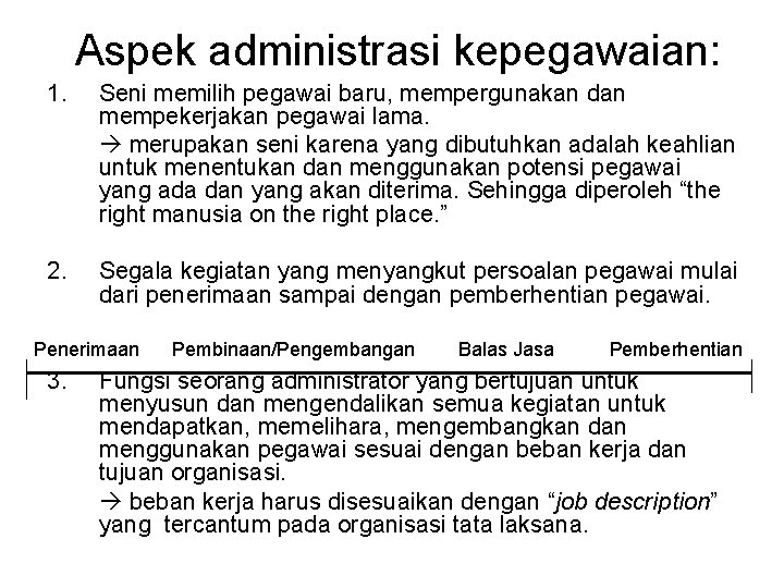 Aspek administrasi kepegawaian: 1. Seni memilih pegawai baru, mempergunakan dan mempekerjakan pegawai lama. merupakan