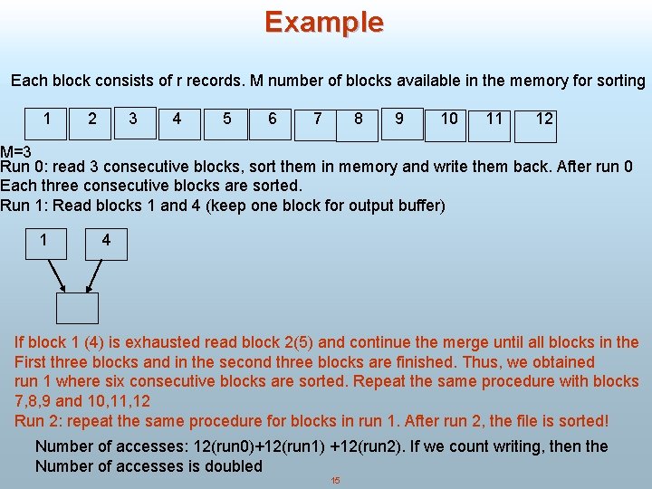 Example Each block consists of r records. M number of blocks available in the
