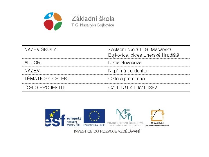 NÁZEV ŠKOLY: Základní škola T. G. Masaryka, Bojkovice, okres Uherské Hradiště AUTOR: Ivana Nováková