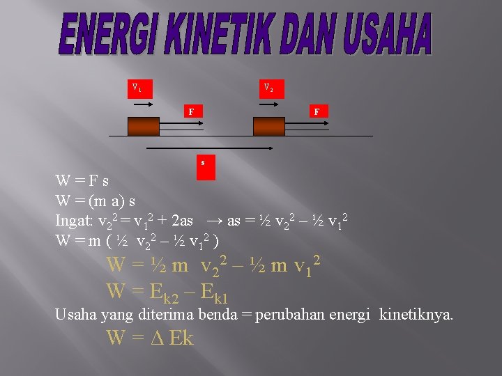 V 1 V 2 F F s W=Fs W = (m a) s Ingat: