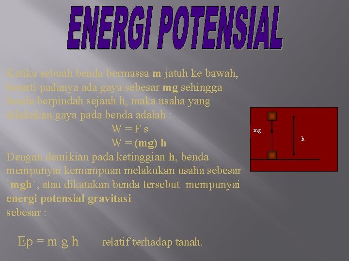 Ketika sebuah benda bermassa m jatuh ke bawah, berarti padanya ada gaya sebesar mg Ketika sebuah benda bermassa m jatuh ke bawah, berarti padanya ada gaya sebesar mg