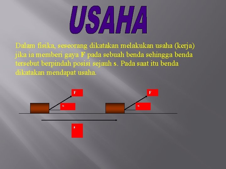 Dalam fisika, seseorang dikatakan melakukan usaha (kerja) jika ia memberi gaya F pada sebuah