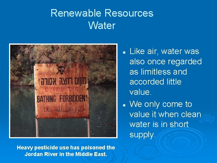 Renewable Resources Water l l Heavy pesticide use has poisoned the Jordan River in