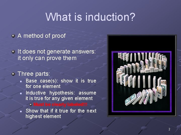 What is induction? A method of proof It does not generate answers: it only