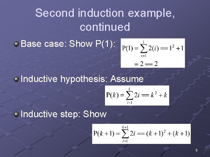 Second induction example, continued Base case: Show P(1): Inductive hypothesis: Assume Inductive step: Show