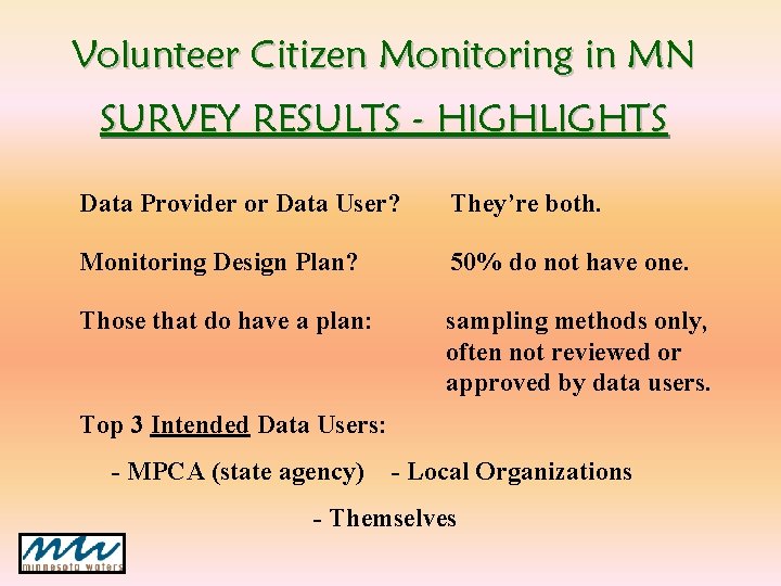 Volunteer Citizen Monitoring in MN SURVEY RESULTS - HIGHLIGHTS Data Provider or Data User? Volunteer Citizen Monitoring in MN SURVEY RESULTS - HIGHLIGHTS Data Provider or Data User?