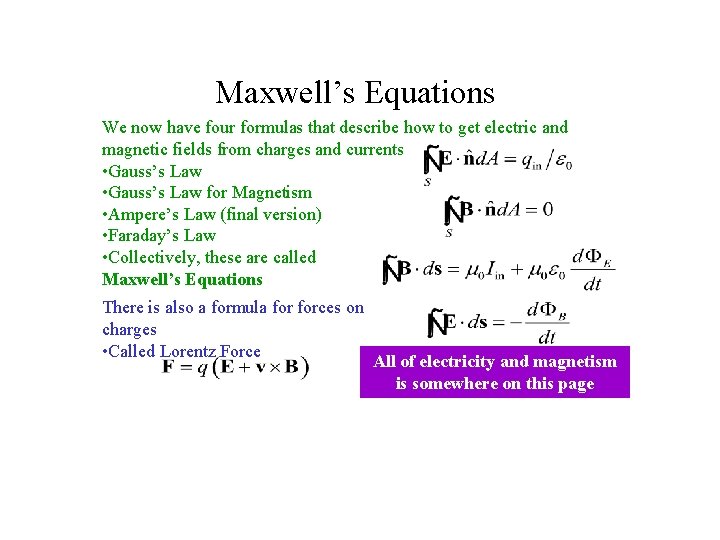 Maxwell’s Equations We now have four formulas that describe how to get electric and