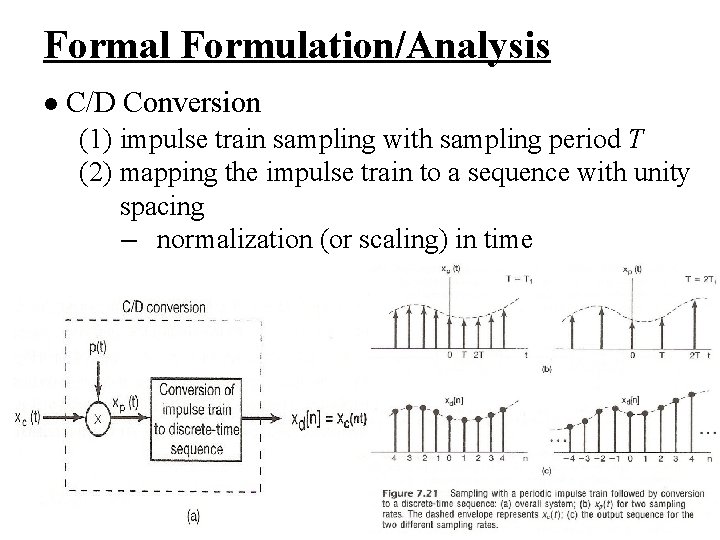 Formal Formulation/Analysis l C/D Conversion (1) impulse train sampling with sampling period T (2)