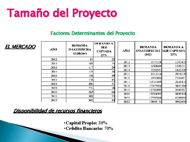 Tamaño del Proyecto Factores Determinantes del Proyecto EL MERCADO Disponibilidad de recursos financieros •