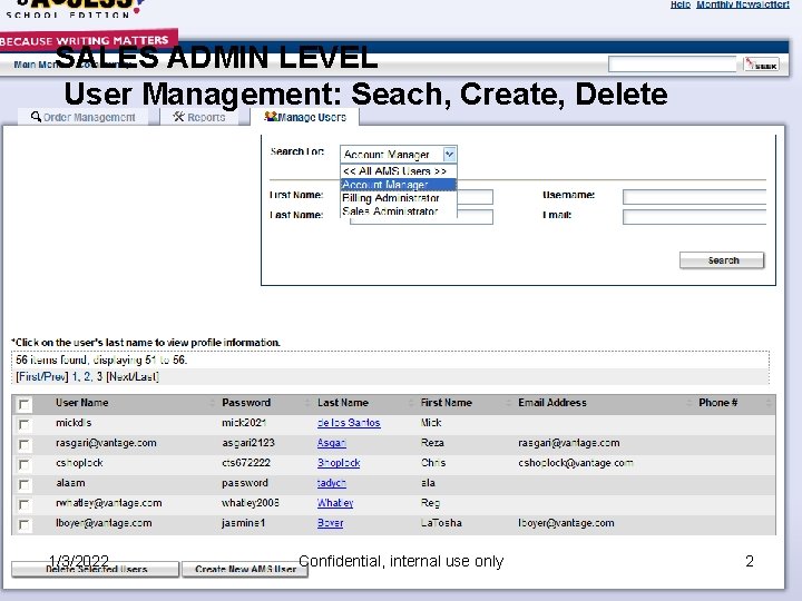 SALES ADMIN LEVEL User Management: Seach, Create, Delete 1/3/2022 Confidential, internal use only 2