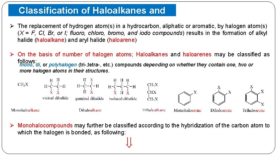 Ø Classification of Haloalkanes and Haloarenes The replacement of hydrogen atom(s) in a hydrocarbon,