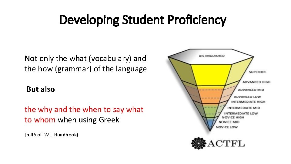 Developing Student Proficiency Not only the what (vocabulary) and the how (grammar) of the