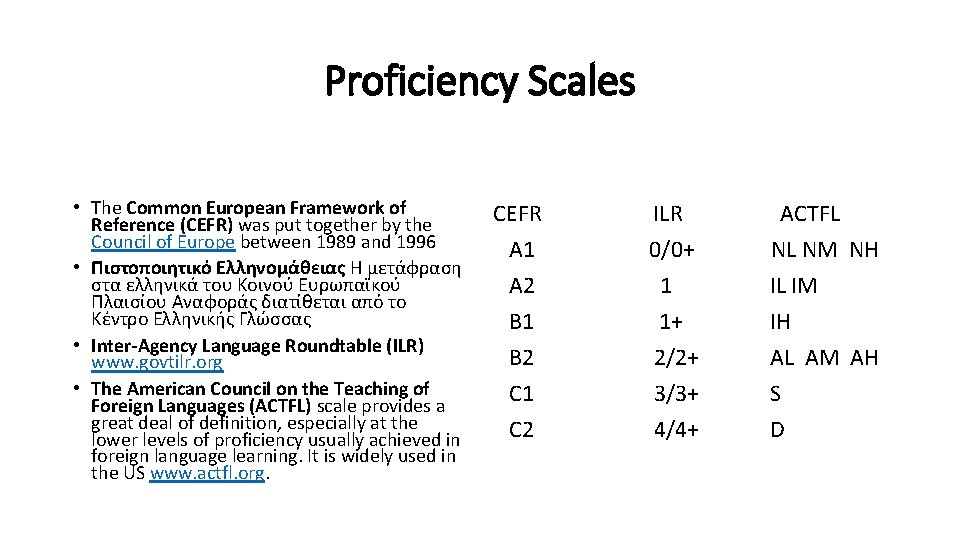 Proficiency Scales • The Common European Framework of Reference (CEFR) was put together by