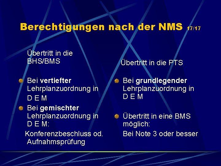 Berechtigungen nach der NMS Übertritt in die BHS/BMS Bei vertiefter Lehrplanzuordnung in DEM Bei