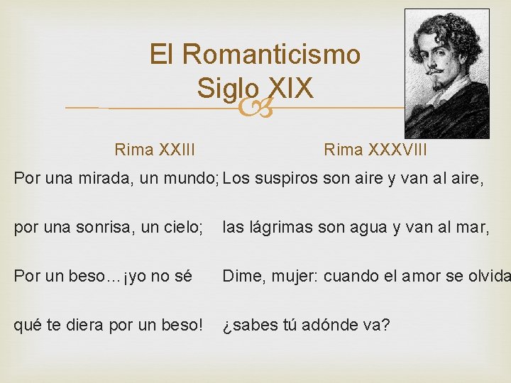 El Romanticismo Siglo XIX Rima XXIII Rima XXXVIII Por una mirada, un mundo; Los