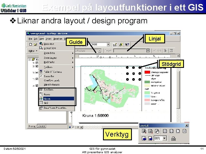 Exempel på layoutfunktioner i ett GIS v Liknar andra layout / design program Linjal