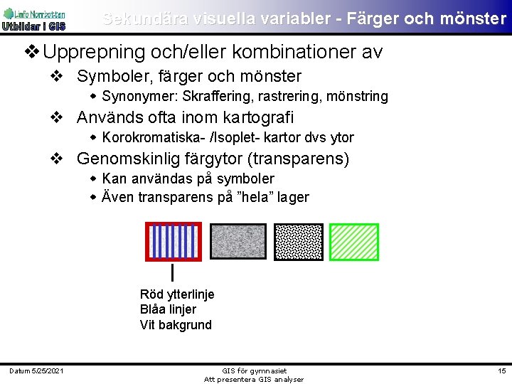 Sekundära visuella variabler - Färger och mönster v Upprepning och/eller kombinationer av v Symboler,