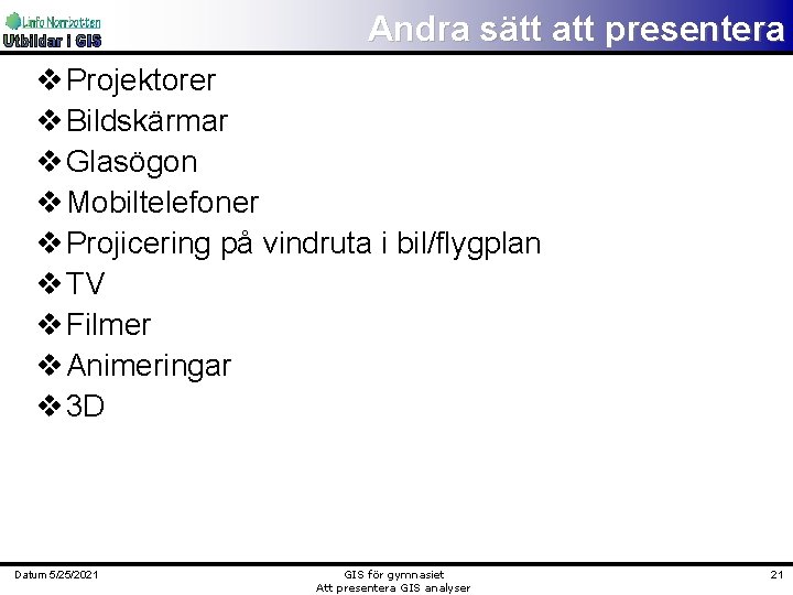 Andra sätt att presentera v Projektorer v Bildskärmar v Glasögon v Mobiltelefoner v Projicering