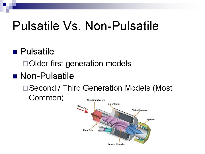 Pulsatile Vs. Non-Pulsatile n Pulsatile ¨ Older n first generation models Non-Pulsatile ¨ Second