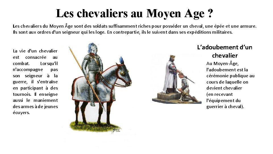 Les chevaliers au Moyen Age ? Les chevaliers du Moyen ge sont des soldats