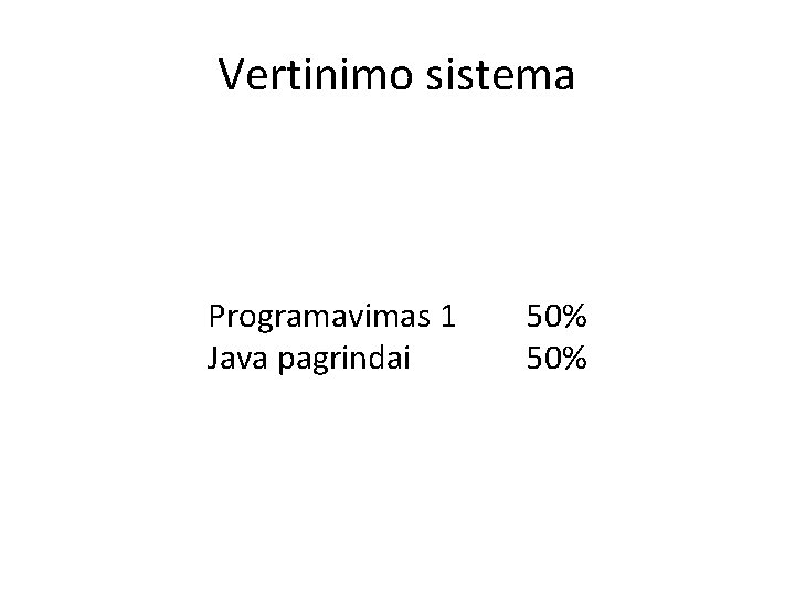 Vertinimo sistema Programavimas 1 Java pagrindai 50% 
