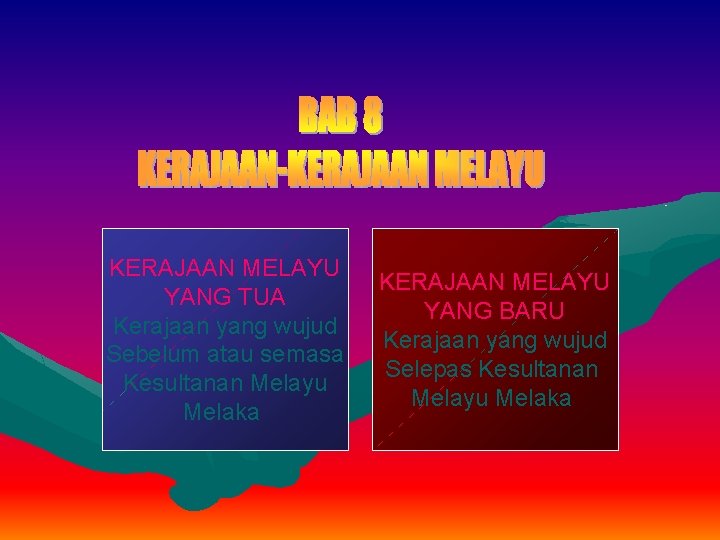 KERAJAAN MELAYU YANG TUA Kerajaan yang wujud Sebelum atau semasa Kesultanan Melayu Melaka KERAJAAN