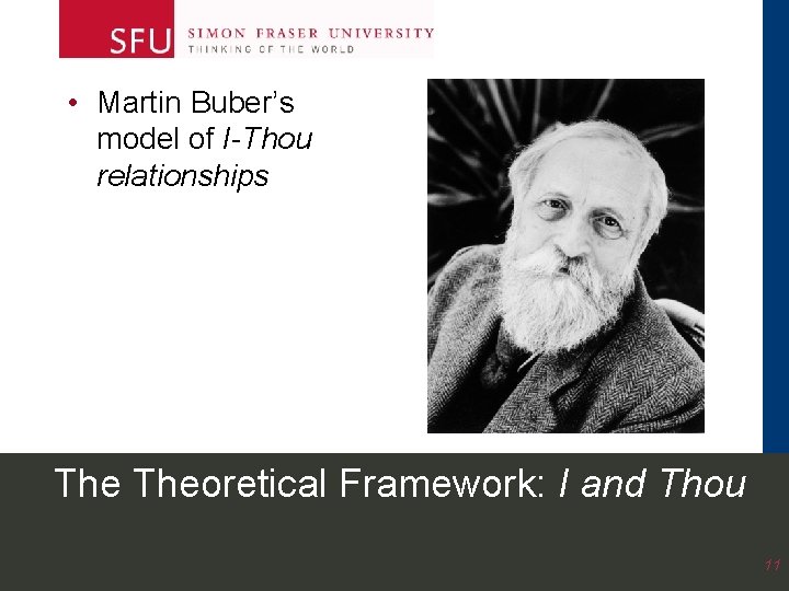 • Martin Buber’s model of I-Thou relationships Theoretical Framework: I and Thou 11 • Martin Buber’s model of I-Thou relationships Theoretical Framework: I and Thou 11