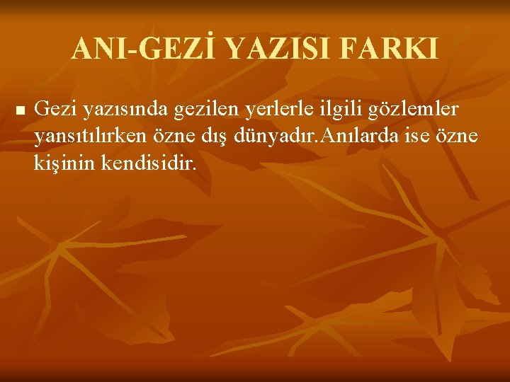 ANI-GEZİ YAZISI FARKI n Gezi yazısında gezilen yerlerle ilgili gözlemler yansıtılırken özne dış dünyadır.