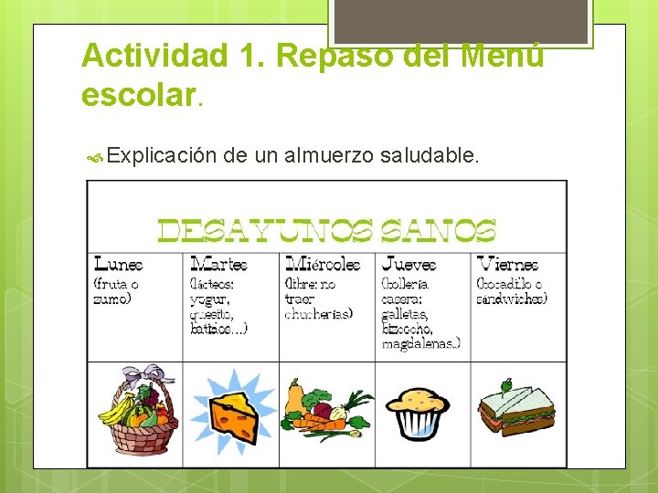 Actividad 1. Repaso del Menú escolar. Explicación de un almuerzo saludable. 