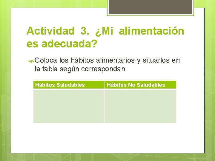 Actividad 3. ¿Mi alimentación es adecuada? Coloca los hábitos alimentarios y situarlos en la