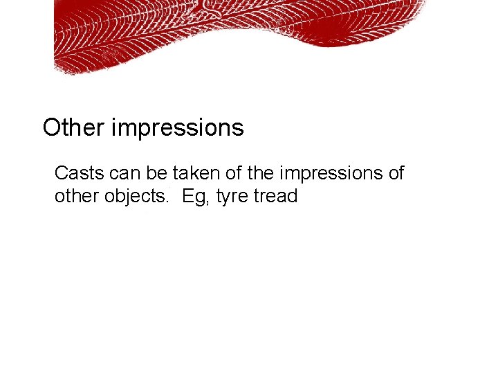 Other impressions Casts can be taken of the impressions of other objects. Eg, tyre