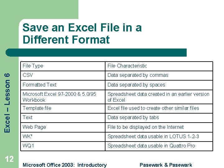 Excel – Lesson 6 Save an Excel File in a Different Format 12 File