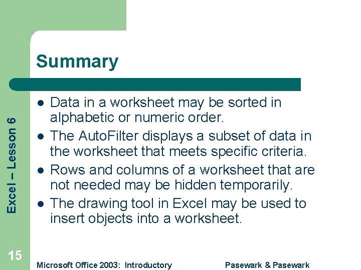 Summary Excel – Lesson 6 l 15 l l l Data in a worksheet