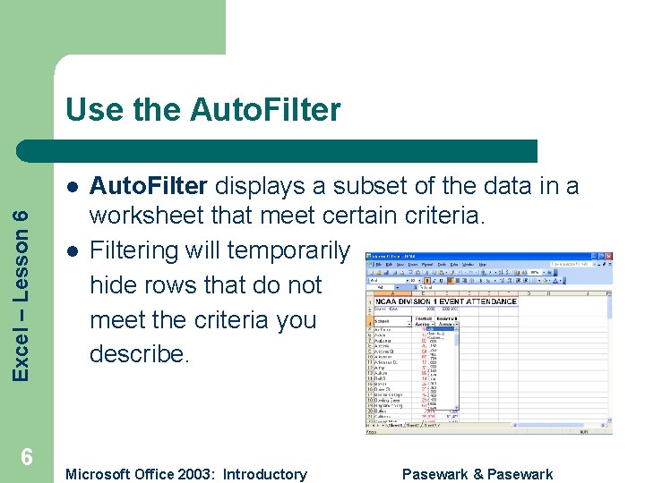 Use the Auto. Filter Excel – Lesson 6 l Auto. Filter displays a subset
