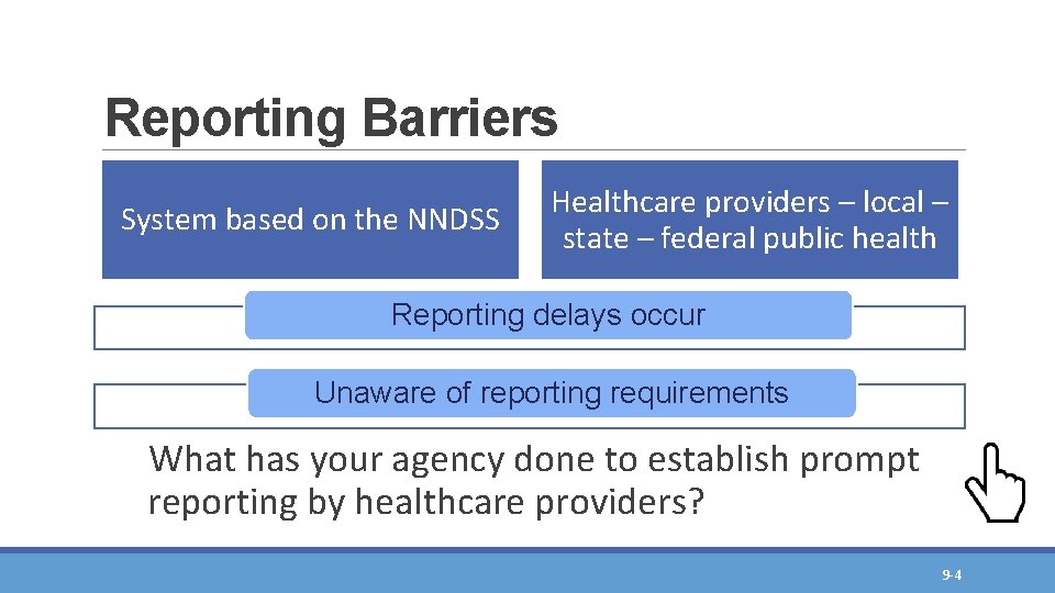 Reporting Barriers System based on the NNDSS Healthcare providers – local – state – Reporting Barriers System based on the NNDSS Healthcare providers – local – state –
