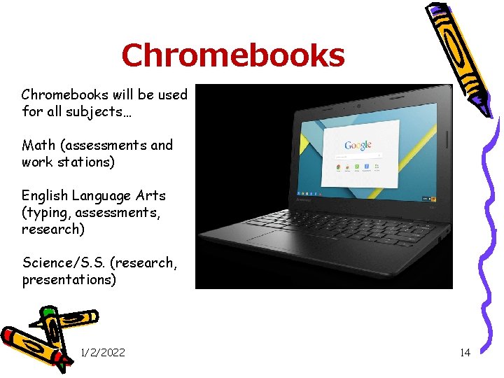 Chromebooks will be used for all subjects… Math (assessments and work stations) English Language