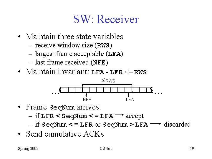 SW: Receiver • Maintain three state variables – receive window size (RWS) – largest